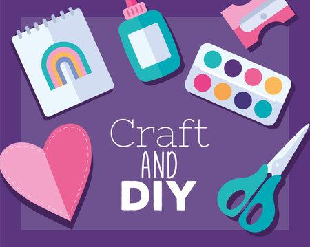 Craft and DIY text with scissor, paint, pink heart card, glue, rainbow photo, and sharpener