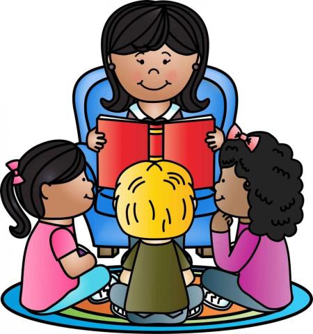 A story time being conducted with three children in attendance sitting on a rug